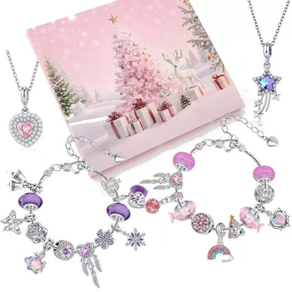 Jewelry set with charms including a necklace and bracelet on a pink gift box background.