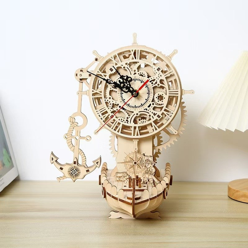 image displaying the front angle view of the Pirate Ship Clock 3D Wooden Puzzle