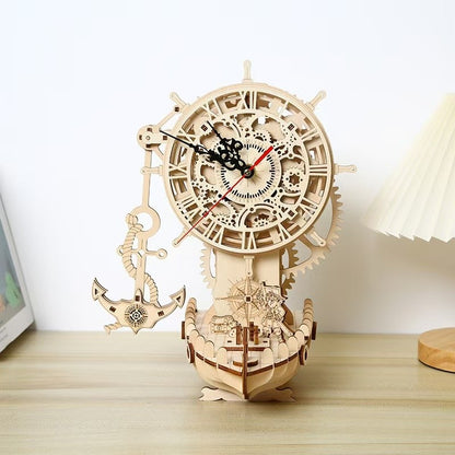 image displaying the front angle view of the Pirate Ship Clock 3D Wooden Puzzle