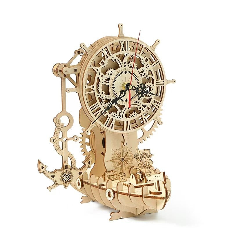 image displaying the left angle view of the Pirate Ship Clock 3D Wooden Puzzle