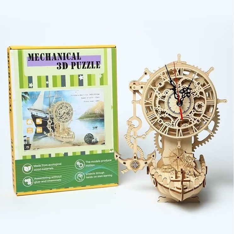 image displaying the package and assembled Pirate Ship Clock 3D Wooden Puzzle