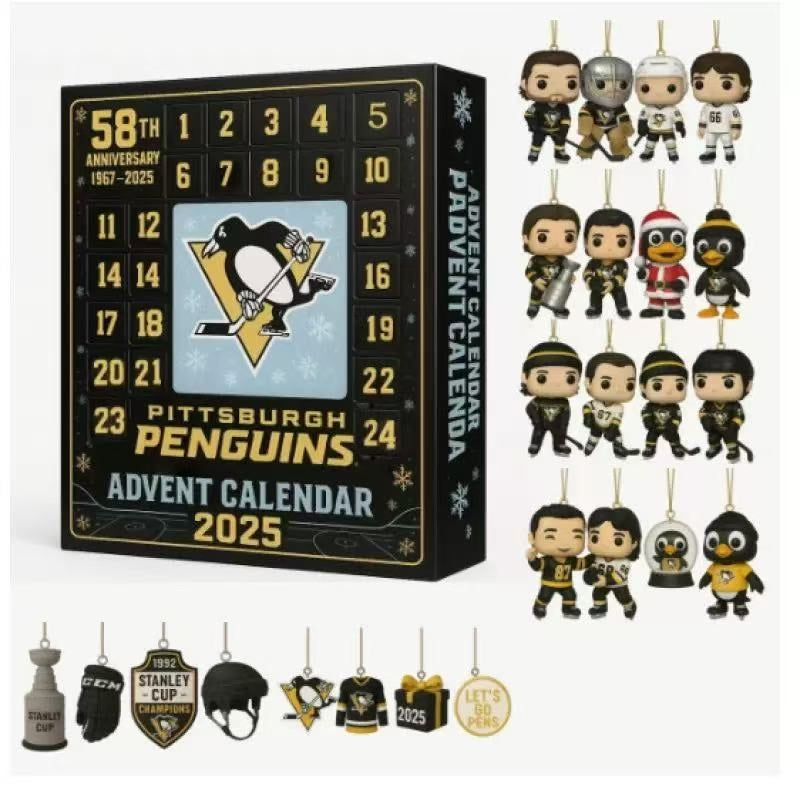 Pittsburgh Penguins Advent Calendar with figures and decorations on a white background