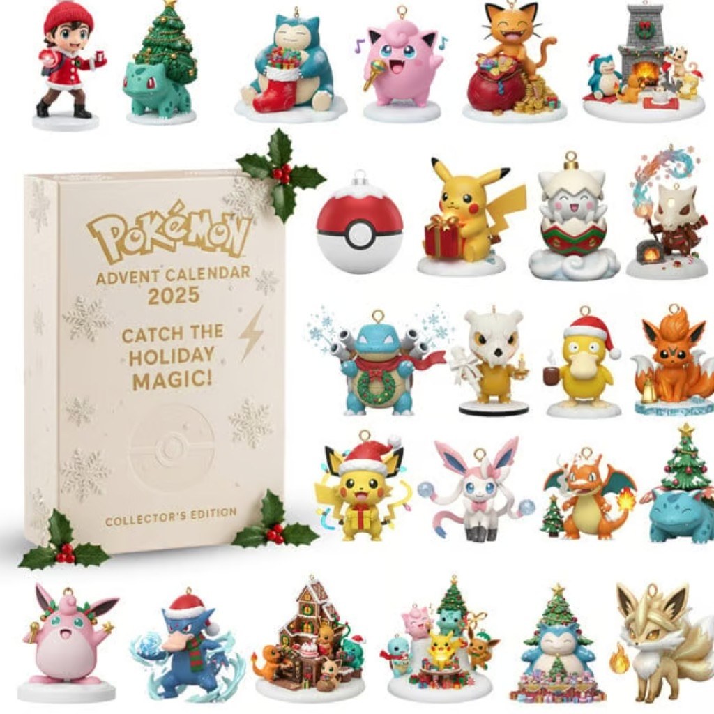 Pokémon Advent Calendar 2025 with various collectible figures around it.