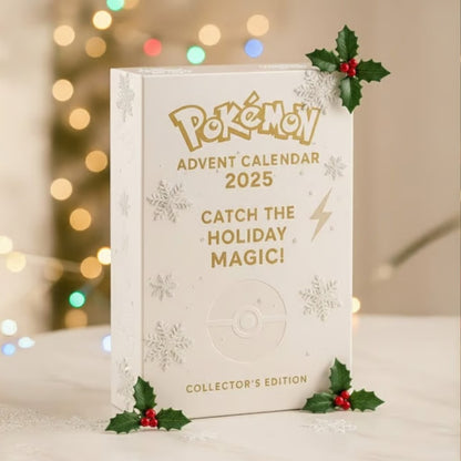 Pokémon Advent Calendar 2025 with decorative holly leaves and berries on a blurred festive background.