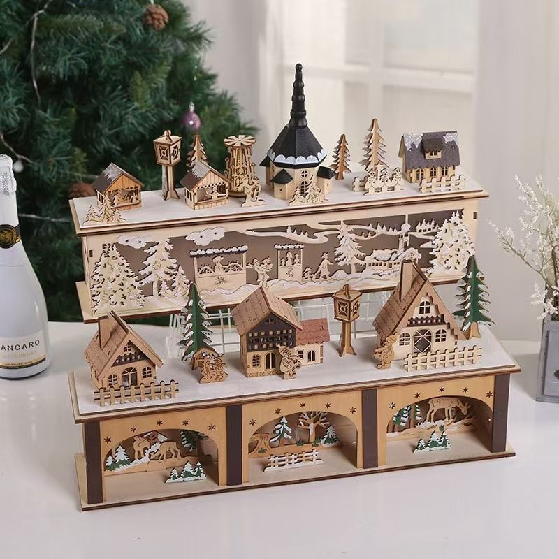 image displaying the Pre-lit Wooden Christmas Village Town House Tabletop Decoration in a Christmas table setting