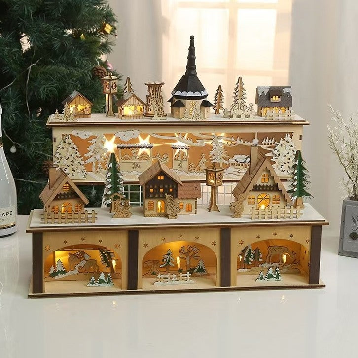 image displaying the Pre-lit Wooden Christmas Village Town House Tabletop Decoration with lights on in a Christmas table setting