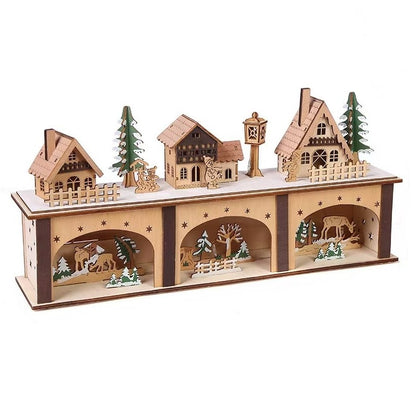 left side of Pre-lit Wooden Christmas Village Town House Tabletop Decoration