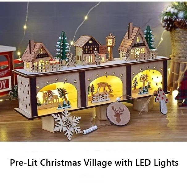 Pre-lit Wooden Christmas Village Town House Tabletop Decoration with lights on