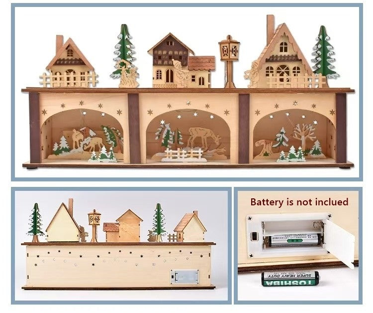 image displaying the front and backside, and battery box of Pre-lit Wooden Christmas Village Town House Tabletop Decoration