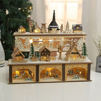 Pre-lit Wooden Christmas Town – A Hand-Painted Holiday Village for Tabletop Decoration