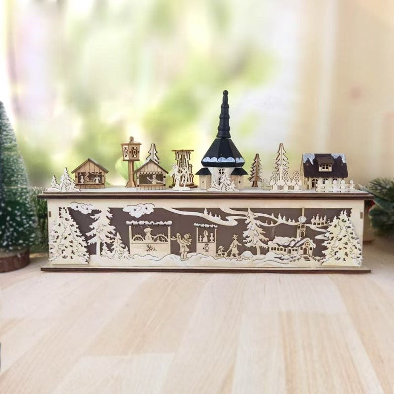 front side of Pre-lit Wooden Christmas Town – A Hand-Painted Holiday Village for Tabletop Decoration