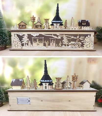 the front and backside of the Pre-lit Wooden Christmas Town – A Hand-Painted Holiday Village for Tabletop Decoration