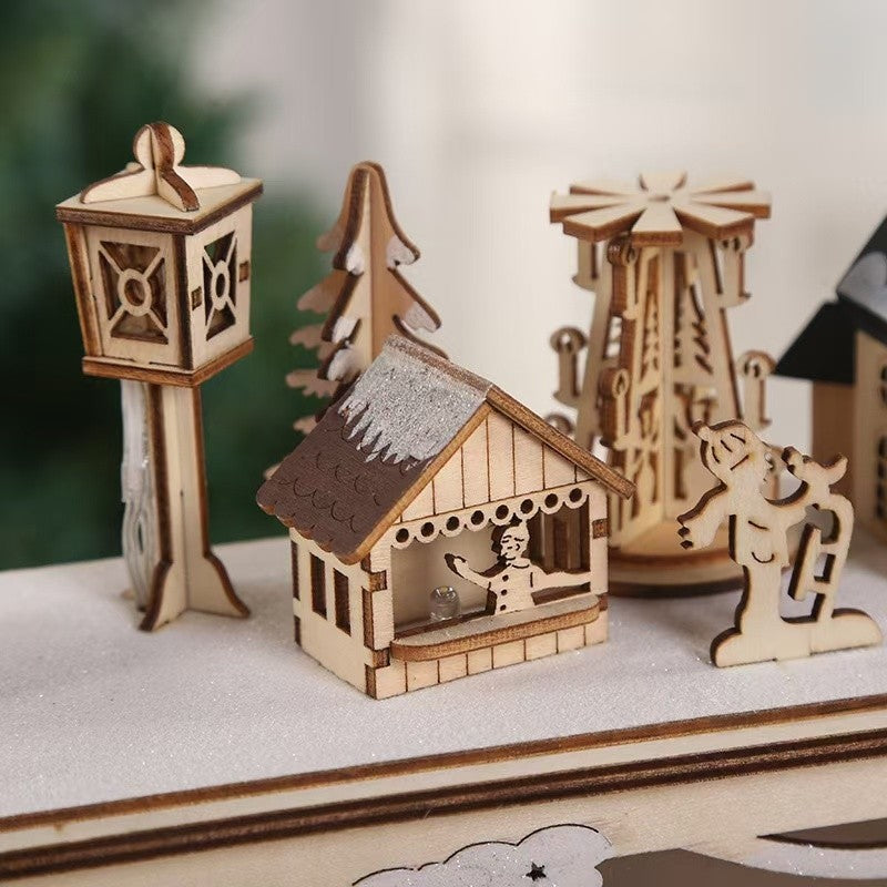 close up the Pre-lit Wooden Christmas Town – A Hand-Painted Holiday Village for Tabletop Decoration