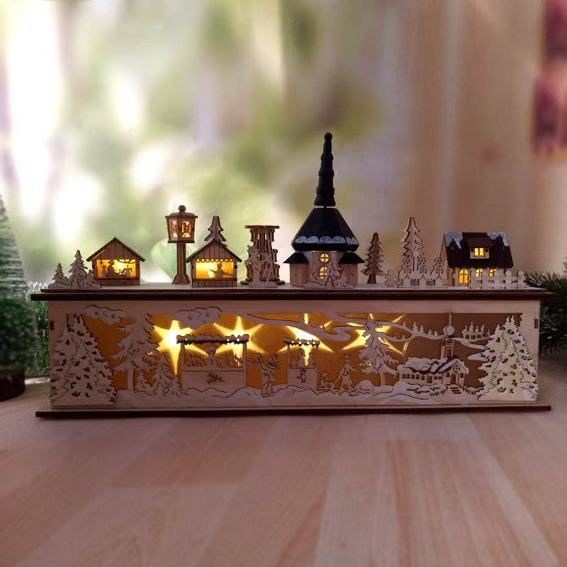 Pre-lit Wooden Christmas Town – A Hand-Painted Holiday Village for Tabletop Decoration with lights on