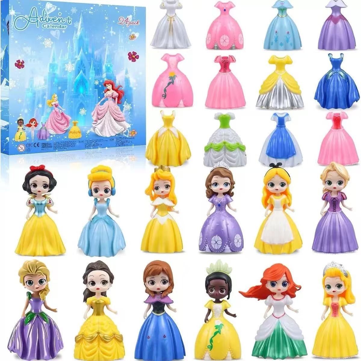 Collection of Disney princess dolls with changeable dresses and a advent calendar box