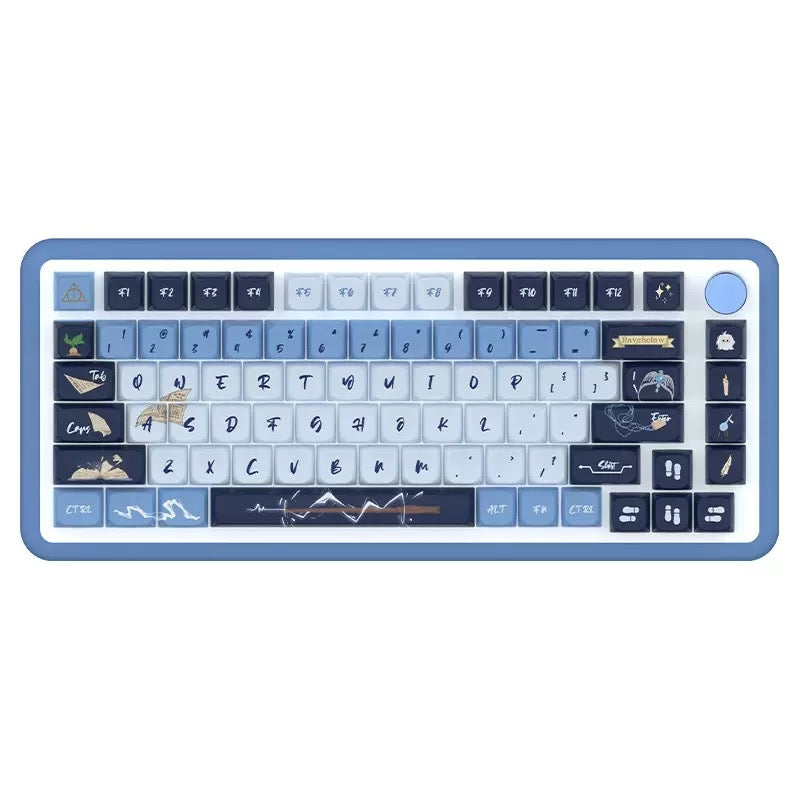 Keyboard with decorative keycaps Inspired by one of the iconic Hogwarts house Ravenclaw on a white background