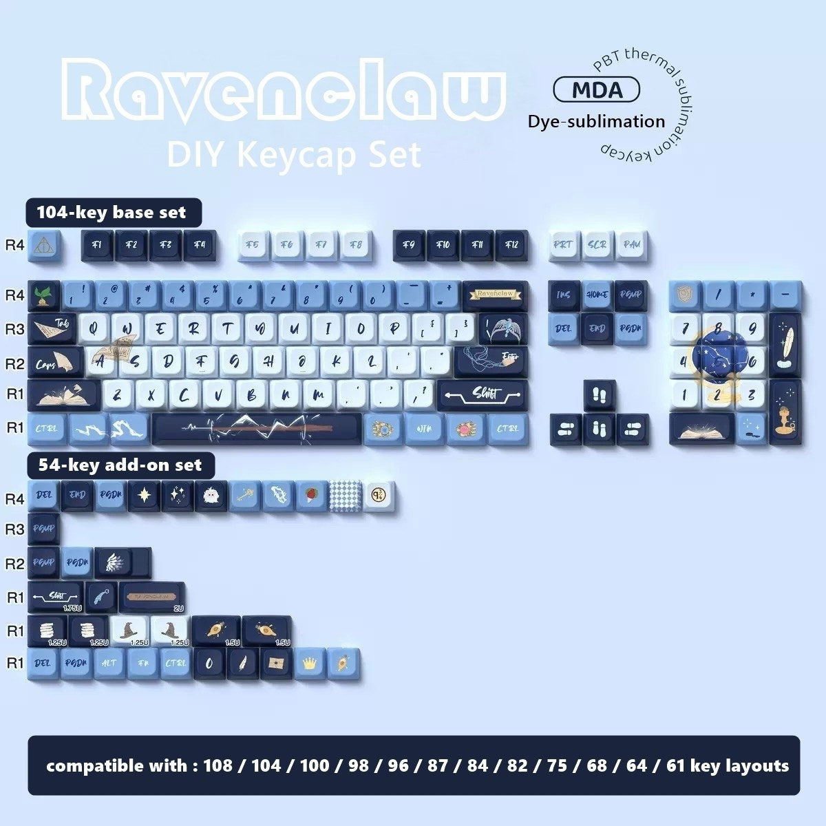 Ravenclaw DIY keycap set with various keycaps on a light blue background