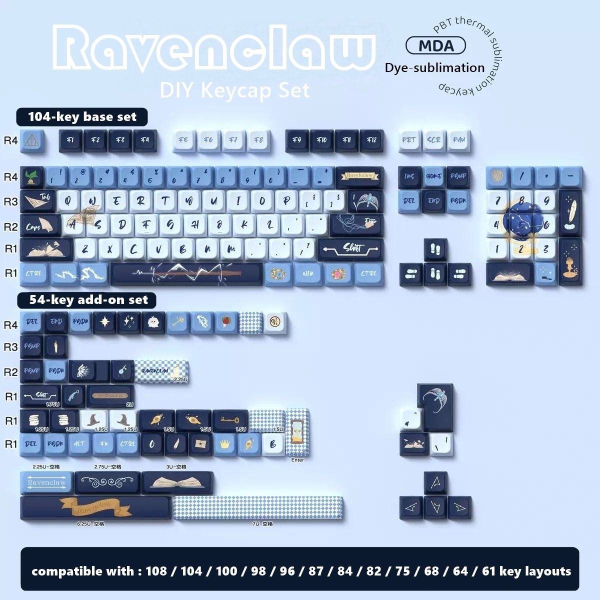 Ravenclaw DIY keycap set with various keycaps Inspired by one of the iconic Hogwarts house Ravenclaw on a light blue background