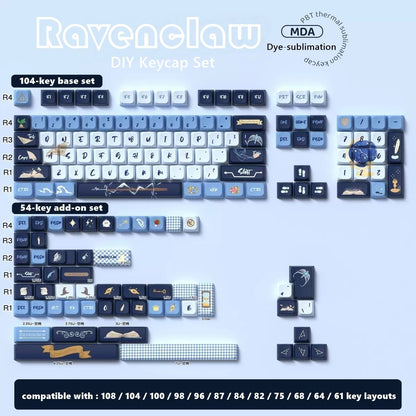 Ravenclaw DIY keycap set with various keycaps Inspired by one of the iconic Hogwarts house Ravenclaw on a light blue background