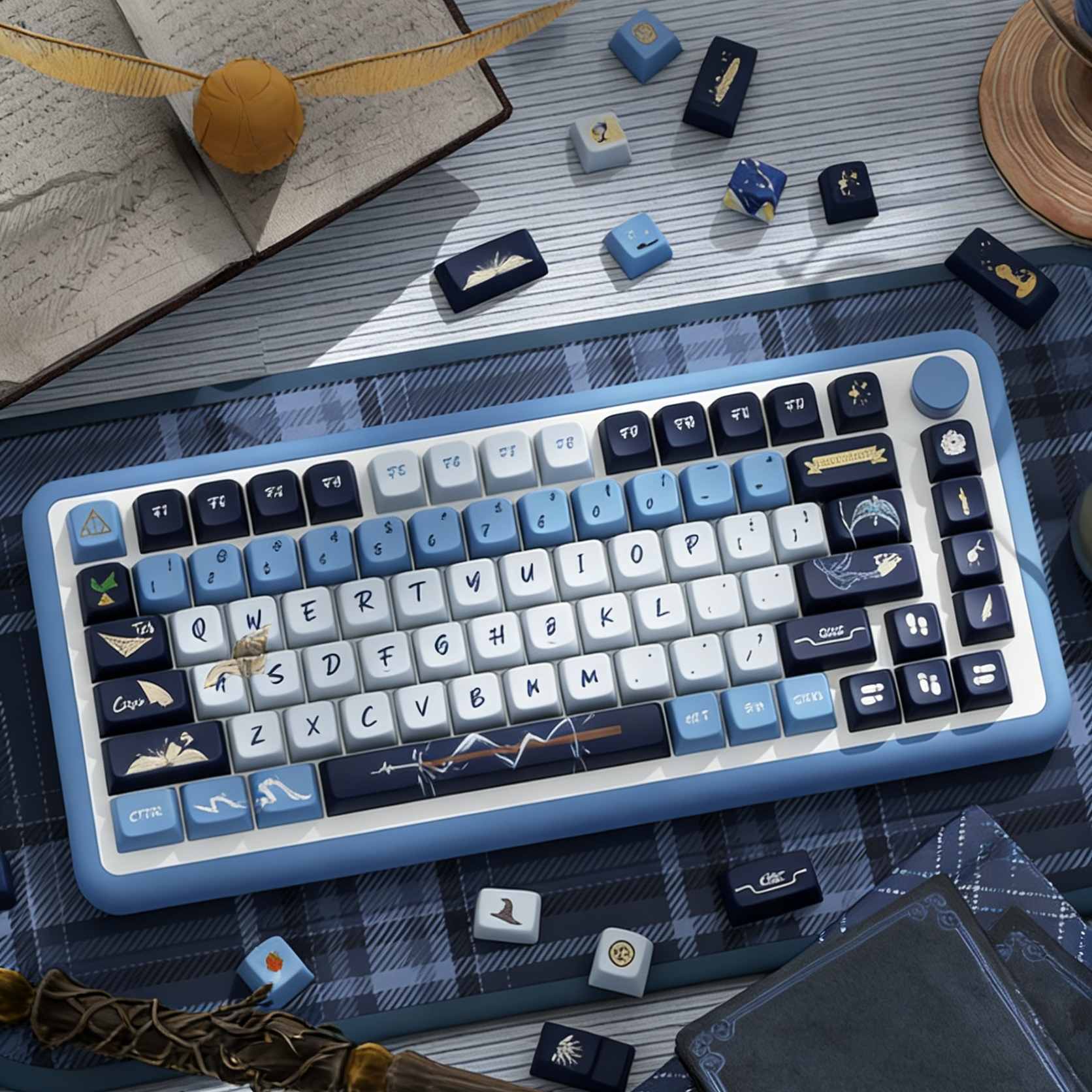 Keyboard with decorative keys Inspired by one of the iconic Hogwarts Ravenclaw house on a table with gaming accessories