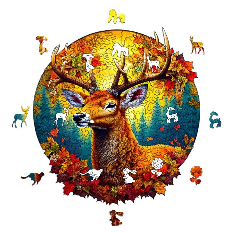 image displaying the assembled Red Maple Elk Wooden Jigsaw Puzzles and its forest animal-shape puzzles