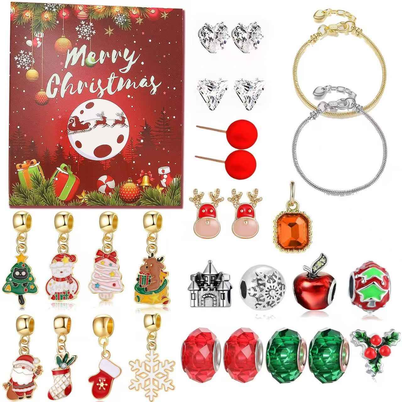 image displaying spread-out of Red Christmas Advent Calendar DIY Jewelry Set 24 days countdown, including the charms, earrings, and bracelets