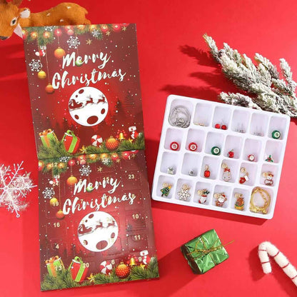 image displaying the charms, earrings, and bracelets of Red Christmas Advent Calendar DIY Jewelry Set 24 days countdown in package box