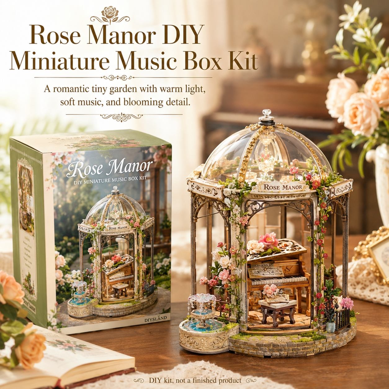 Rose Manor DIY Miniature Music Box Kit with packaging on a wooden surface.