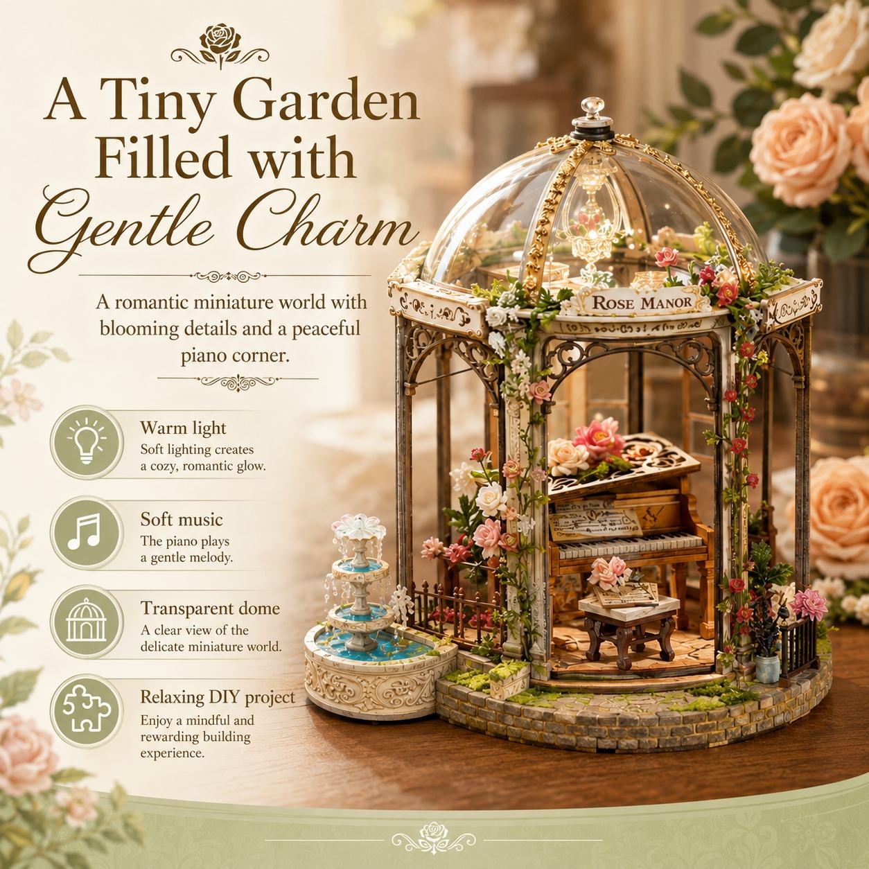 Miniature garden with a piano corner, flowers, and a transparent dome on a wooden surface.