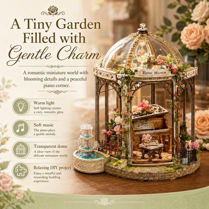 Miniature garden with a piano corner, flowers, and a transparent dome on a wooden surface.