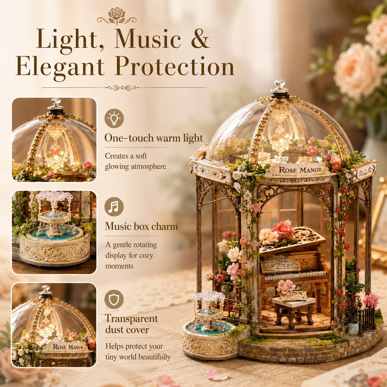 Decorative indoor miniature garden with light, music, and dust cover features on a soft focus background.