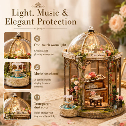 Decorative indoor miniature garden with light, music, and dust cover features on a soft focus background.