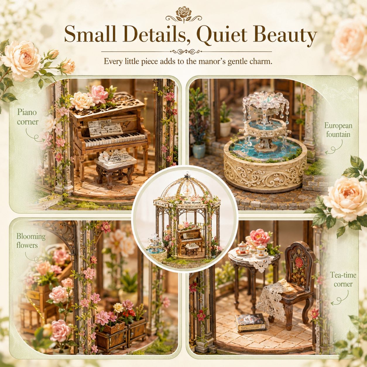 Collage of miniature garden elements with text 'Small Details, Quiet Beauty' and 'Every little piece adds to the manor's gentle charm.'.