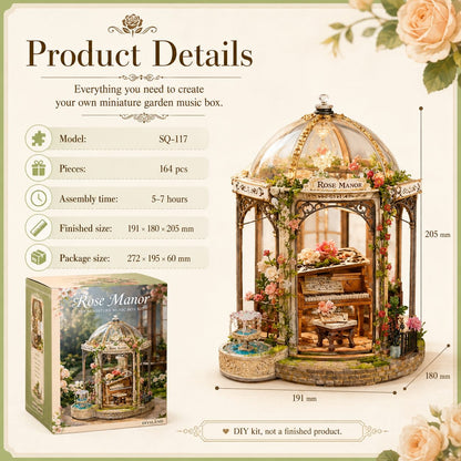 Rose Manor miniature garden music box with assembly details and packaging on a light background