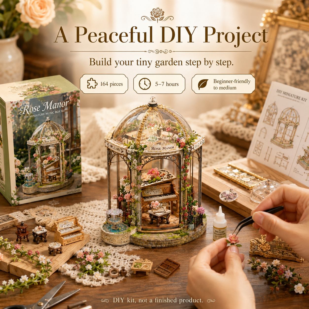 DIY miniature garden kit with rose-themed packaging and construction on a wooden table.