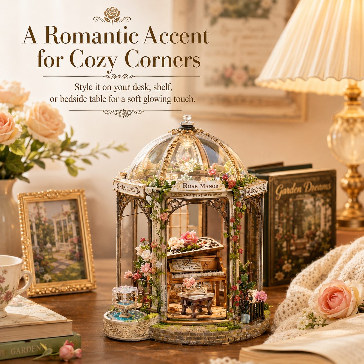 miniature garden house with floral elements on a table, surrounded by books and flowers, with text about romantic accents for cozy corners.