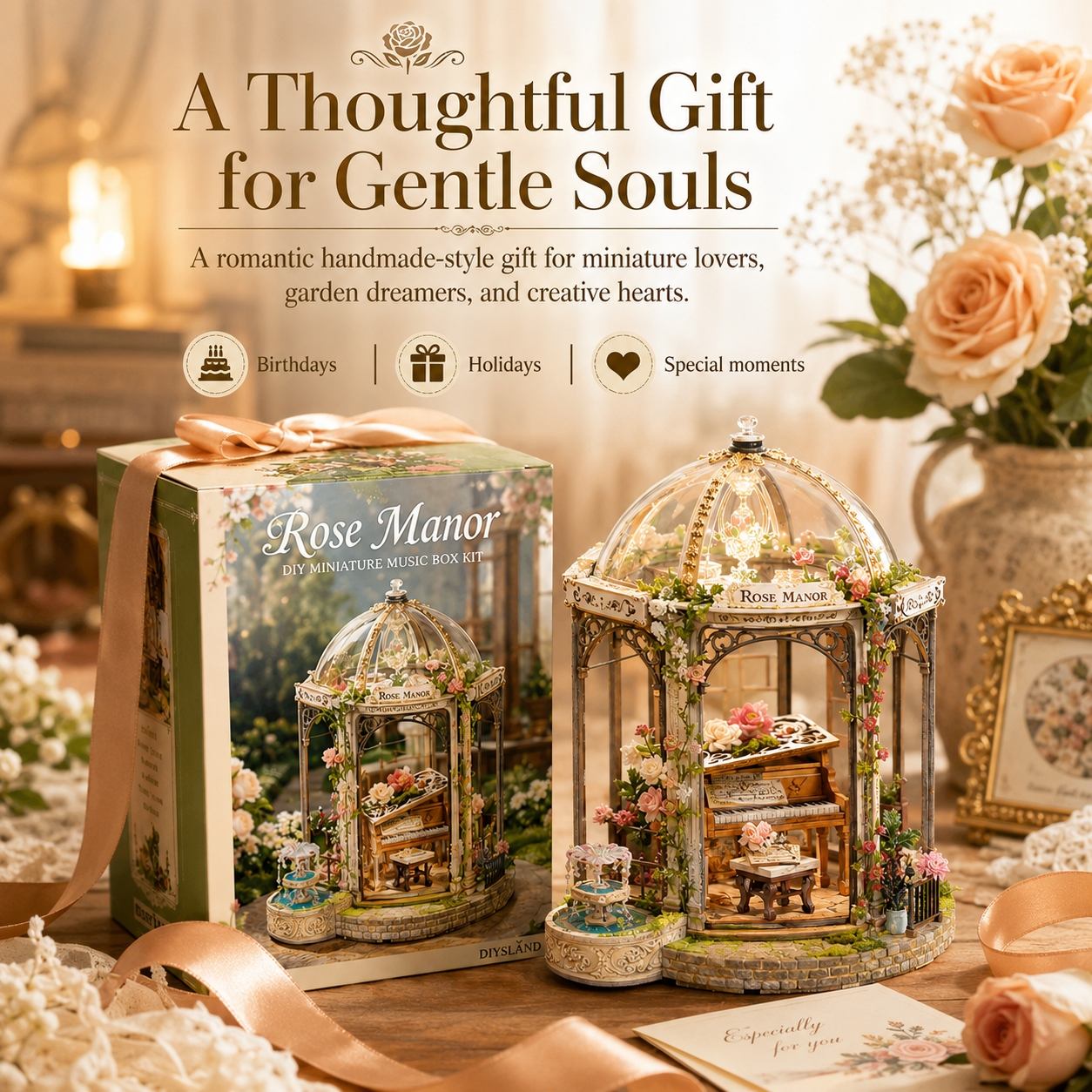Rose Manor miniature garden with decorative elements on a wooden table.