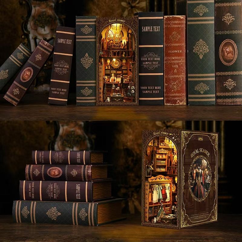 image displaying assembled Royal Tailor Shop DIY Book Nook Kit in a bookshelf setting