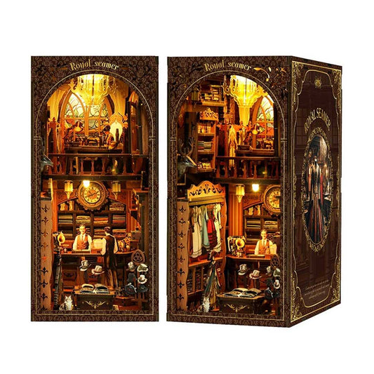 image displaying assembled Royal Tailor Shop DIY Book Nook Kit