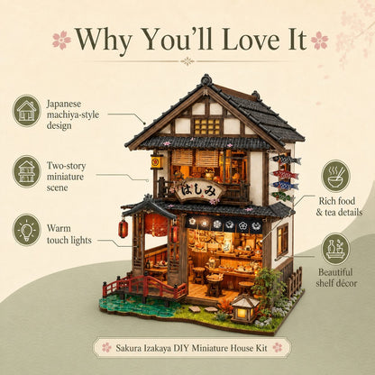 Graphic for a Sakura Izakaya DIY Miniature House Kit, showing a detailed two-story Japanese-style miniature shop model with warm glowing lights, shelves, and a small outdoor porch. Text callouts on a beige background describe features like Japanese machiya-style design, two-story miniature scene, warm touch lights, rich food & tea details, and beautiful shelf decor.
