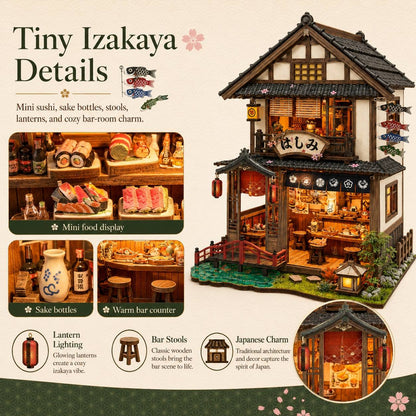 A graphic for a miniature izakaya dollhouse, showing the fully built two-story house on the right with warm glowing lanterns and detailed interior scenes. The left side includes labeled detail panels: mini sushi, sake bottles, sake bowls, and a warm bar counter, plus text calling out lantern lighting, bar stools, and Japanese charm.