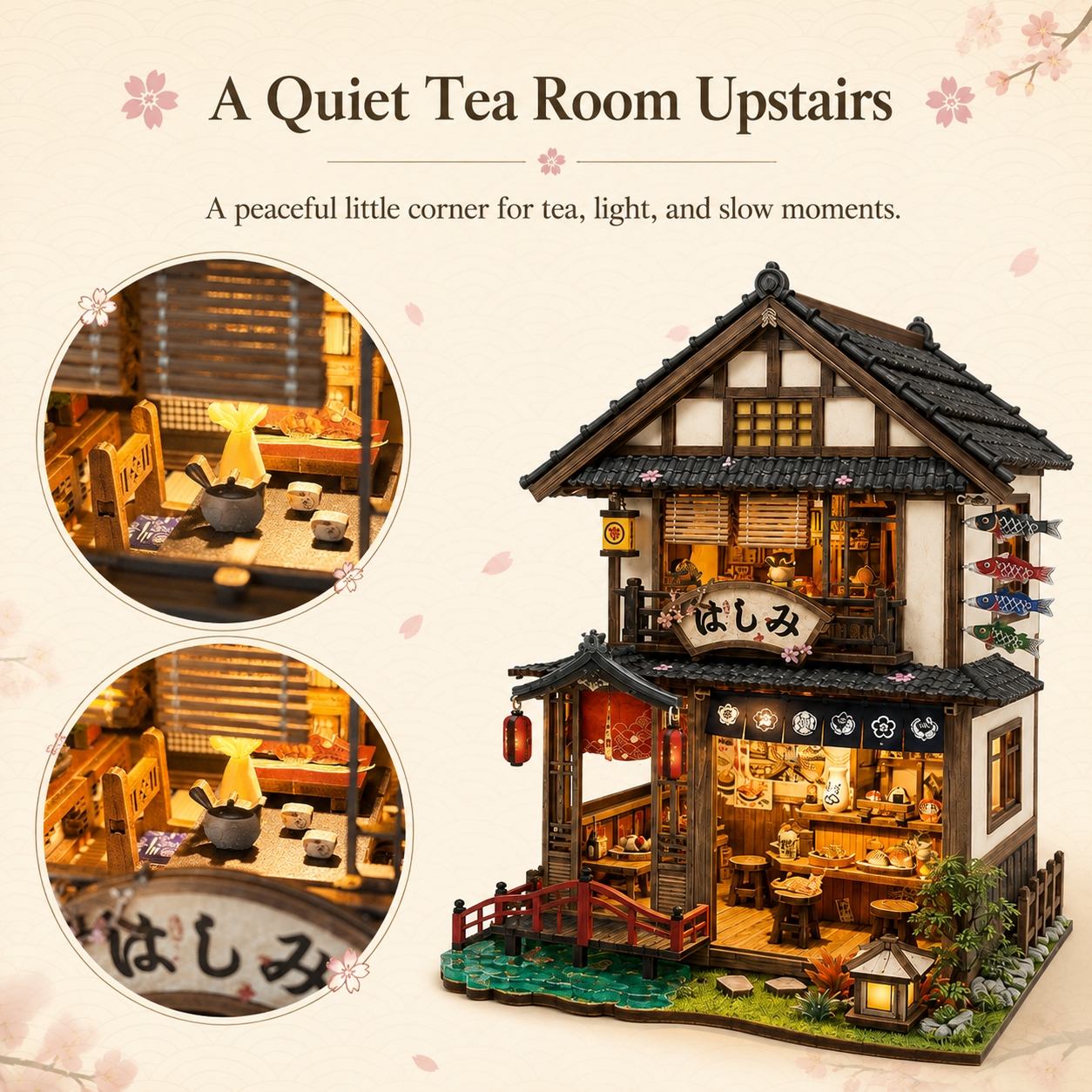 A Japanese-style miniature tea room upstairs dollhouse with warm glowing interior lights, shown on a beige background with decorative text and two circular inset views of the detailed interior.