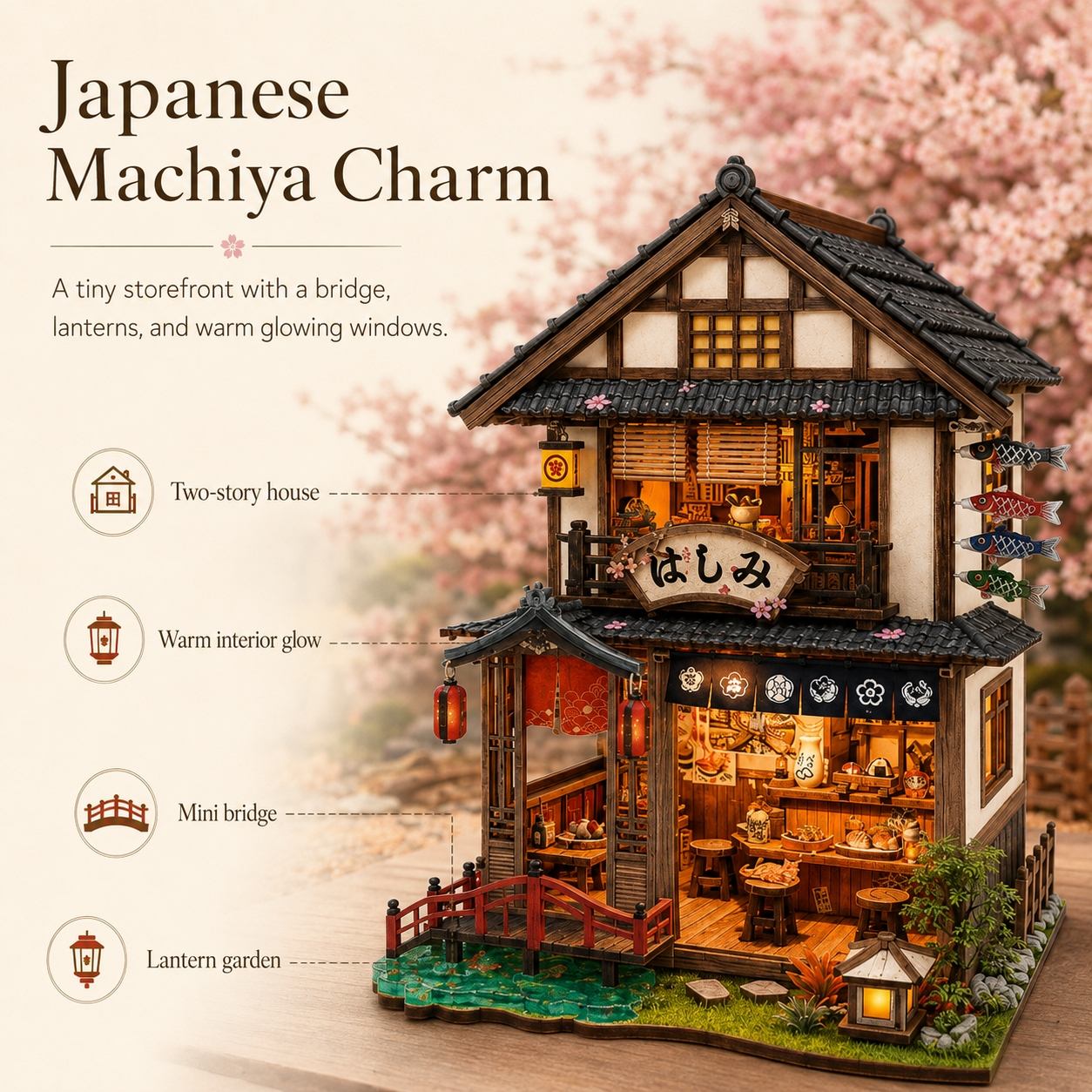 A miniature two-story Japanese machiya storefront model with a bridge, lanterns, and warm glowing windows, shown on a tabletop with a blurred cherry-blossom background. Text on the left highlights features: two-story house, warm interior glow, mini bridge, and lantern garden.