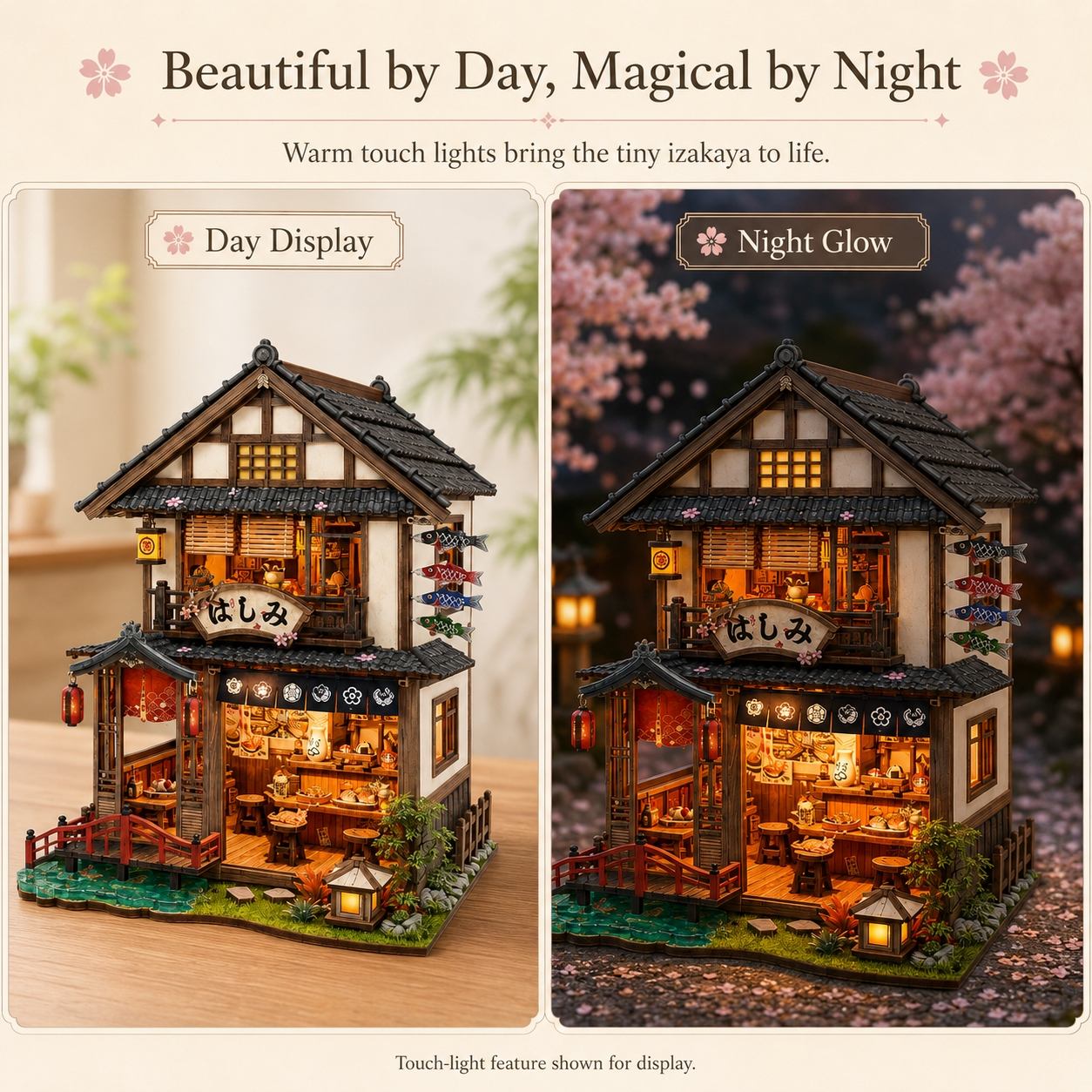 A decorative miniature house model shown in a side-by-side comparison labeled 'Day Display' and 'Night Glow.' The left panel shows the house lit during the day with warm interior lights and a light wood background; the right panel shows the same house glowing at night with pink cherry blossoms and warm orange light.