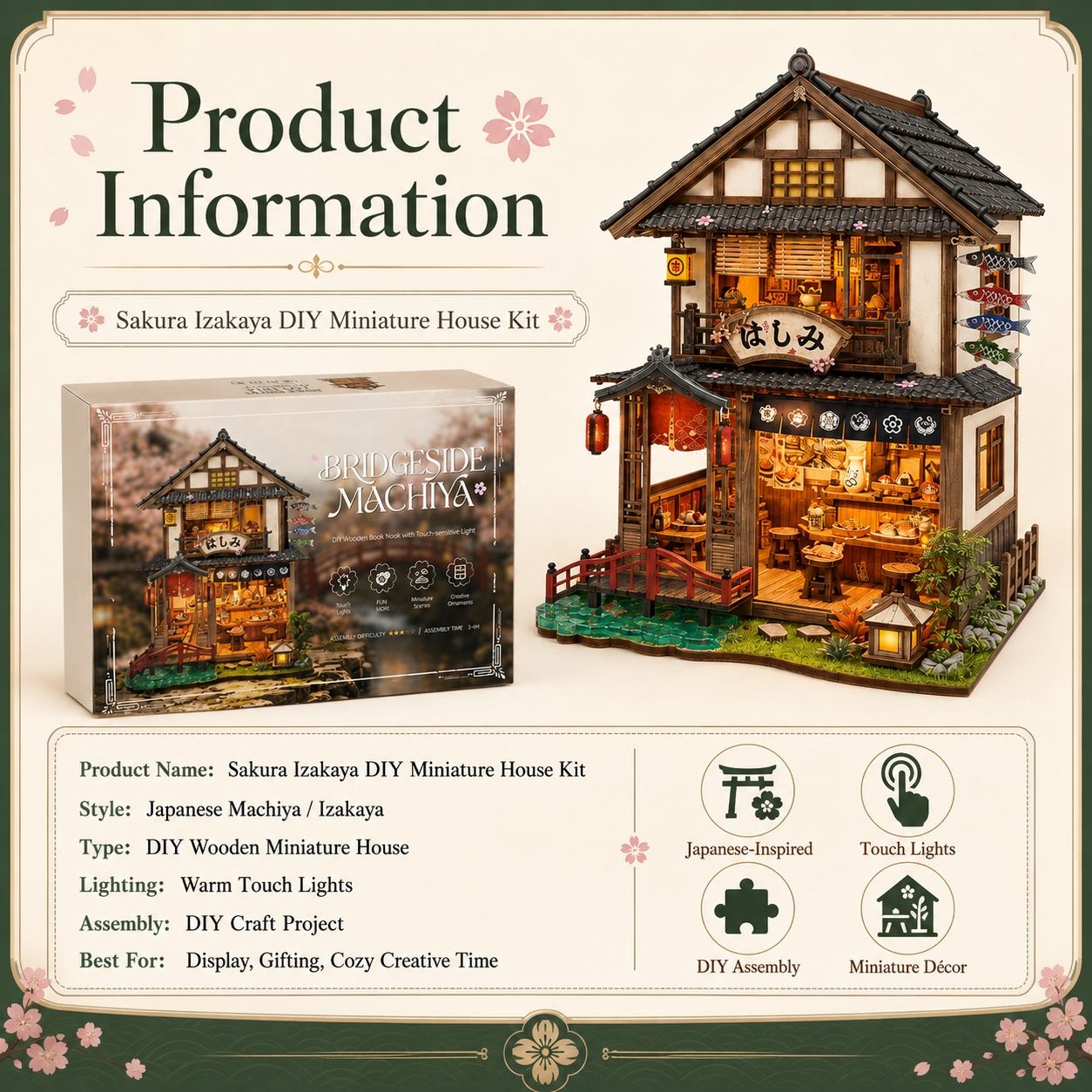 Product information graphic for the Sakura Izakaya DIY Miniature House Kit, showing the assembled miniature house with warm glowing lights, the retail box, and feature icons on a cream background with floral accents.