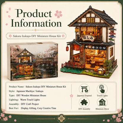Product information graphic for the Sakura Izakaya DIY Miniature House Kit, showing the assembled miniature house with warm glowing lights, the retail box, and feature icons on a cream background with floral accents.