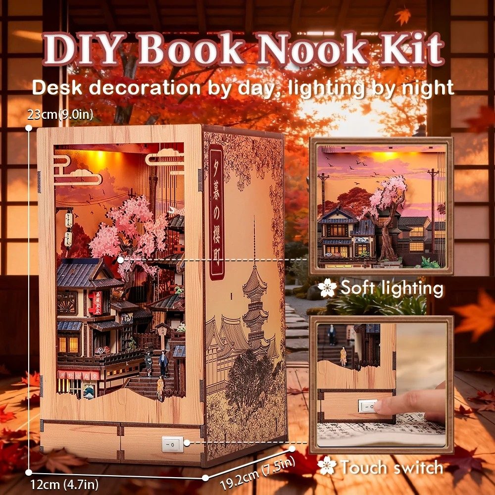 DIY Book Nook Kit with cherry blossom design, soft lighting, and touch switch on a wooden background.