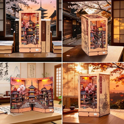 Four-panel collage showing a wooden Japanese architectural model kit assembled in different views. The kit features a detailed pagoda and temple scene with cherry blossoms, lit interior windows, and decorative side panels.