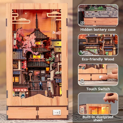 Wooden model of a traditional Japanese village with features highlighted.