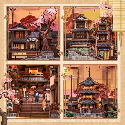 Four-panel collage showing different Japanese-style miniature building kit scenes: cherry blossoms over traditional houses, a multi-story building with lanterns, a temple courtyard with people, and a pagoda structure at sunset. The panels are arranged on a beige decorative background with floral and bamboo accents.